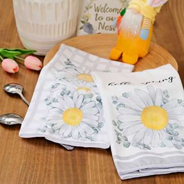 GEEORY Spring Kitchen Towels for Spring Decor White Daisy Dish Towels 18 x 26 Inch Ultra Absorbent Bar Drying Cloth Hello Spring Hand Towel for Kitchen Bathroom Party Home Decorations Set of 2