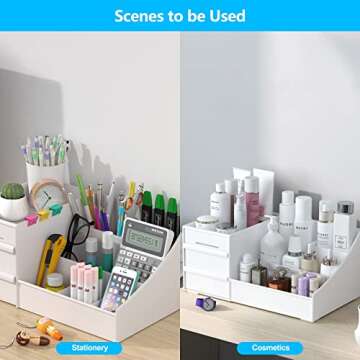 VZINO Drawer Makeup Organizer for Vanity, Large White Desk Organizer for Cosmetics, Skincare, or Stationery, Perfect for Bedroom and Office Countertops
