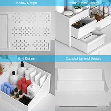 VZINO Drawer Makeup Organizer for Vanity, Large White Desk Organizer for Cosmetics, Skincare, or Stationery, Perfect for Bedroom and Office Countertops