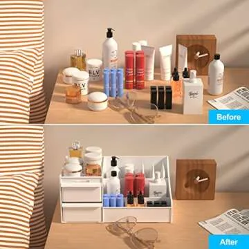 VZINO Drawer Makeup Organizer for Vanity, Large White Desk Organizer for Cosmetics, Skincare, or Stationery, Perfect for Bedroom and Office Countertops