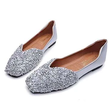 Stylish QXCGDYXT Silver Ballet Flats for Women with Rhinestones