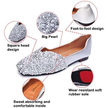 QXCGDYXT Silver Flats Shoes Women Rhinestone Square Fashion Ballet Flats Wedding Flats for Women Comfortable Slip on Low Heel Dress Shoes Size - 8.5