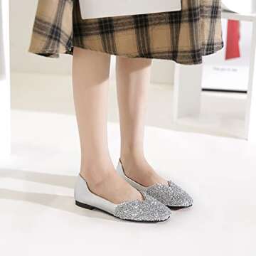 QXCGDYXT Silver Flats Shoes Women Rhinestone Square Fashion Ballet Flats Wedding Flats for Women Comfortable Slip on Low Heel Dress Shoes Size - 8.5