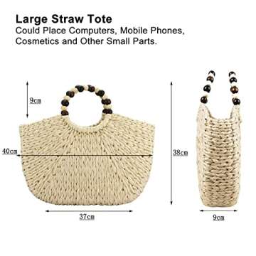 Comeon Natural Straw Bag, Hand Woven Casual Tote Bag Summer Beach Bag, Bead decoration Handle Handba...