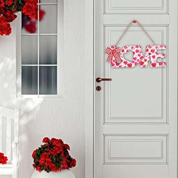 Bagnizer Valentine's Day Hello Sign Door Hanger Wooden Hanging Sign LOVE Printed Sign with Ribbon Bow for Valentine's Day Front Door Wall Window Rustic Farmhouse Porch Decorations (pink and white)