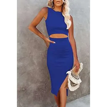 Pink Queen Women's Sexy Sleeveless Bodycon Dress Crew Neck Party Formal Ribbed Midi Dresses Sapphire Blue XS