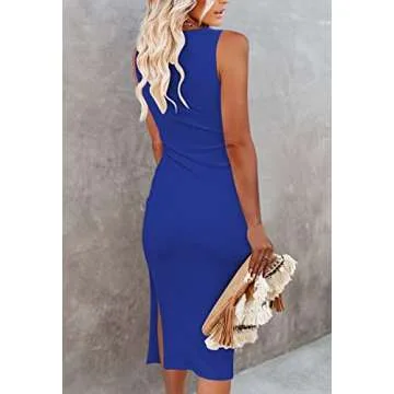 Pink Queen Women's Sexy Sleeveless Bodycon Dress Crew Neck Party Formal Ribbed Midi Dresses Sapphire Blue XS