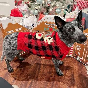 KYEESE Dog Christmas Sweater Reindeer Small Dog Christmas Sweater Red Buffalo Check with Leash Hole Pet Sweater Dog Christmas Outfit Puppy Sweater,S