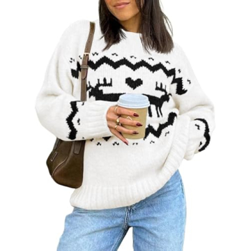 Saodimallsu Women's Oversized Christmas Sweater Crewneck Chunky Reindeer Knit Long Sleeve Santa Xmas...