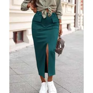 KIRUNDO High Waisted Skirts for Women 2025 Trendy Stretchy Cargo Midi Skirt with Slit Dressy Casual Church Business Outfits(X-Large, Dark Green)