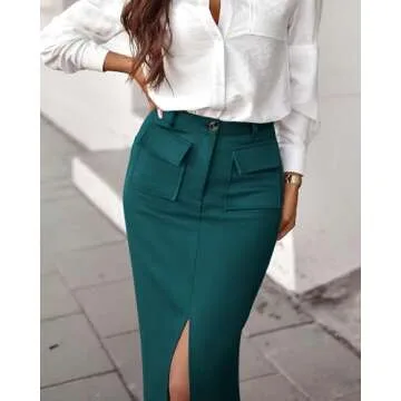 KIRUNDO High Waisted Skirts for Women 2025 Trendy Stretchy Cargo Midi Skirt with Slit Dressy Casual Church Business Outfits(X-Large, Dark Green)
