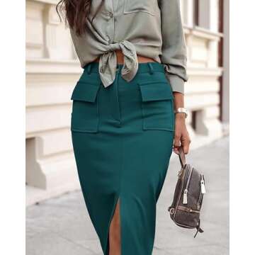 KIRUNDO High Waisted Skirts for Women 2025 Trendy Stretchy Cargo Midi Skirt with Slit Dressy Casual Church Business Outfits(X-Large, Dark Green)