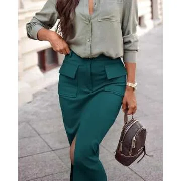 KIRUNDO High Waisted Skirts for Women 2025 Trendy Stretchy Cargo Midi Skirt with Slit Dressy Casual Church Business Outfits(X-Large, Dark Green)