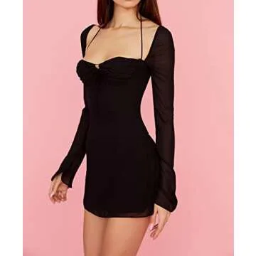 Women's Sexy Low Cut Halter Mini Dress Long Sleeve Hollow Out Lace Up Ruched Bodycon Casual Party Short Midi Dress