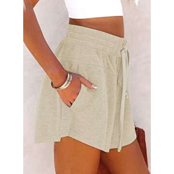Dokotoo Womens Ladies Fashion Summer Vacation Cotton Spandex Drawstring Elastic High Waist Yoga Gym Workout Running Shorts with Side Pockets Solid Wide Leg Short Pants Apricot Small