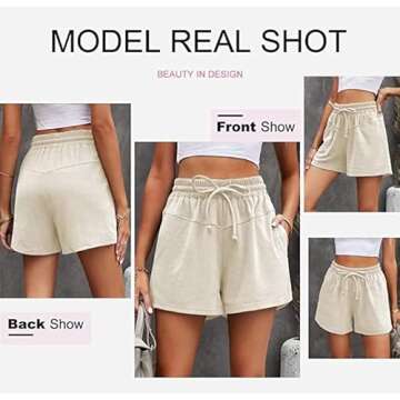 Dokotoo Womens Ladies Fashion Summer Vacation Cotton Spandex Drawstring Elastic High Waist Yoga Gym Workout Running Shorts with Side Pockets Solid Wide Leg Short Pants Apricot Small