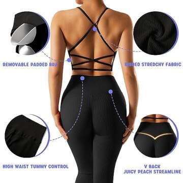 OMKAGI Women Ribbed Workout Sets Seamless Strappy Sport Bra Butt Lifting Leggings Outfits