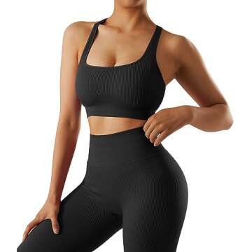 OMKAGI Women Ribbed Workout Sets Seamless Strappy Sport Bra Butt Lifting Leggings Outfits