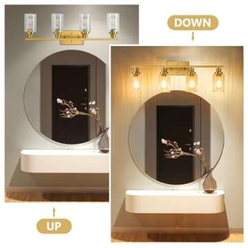 Jonsi Brushed Gold Bathroom Light Fixtures, 4-Light Brushed Gold Vanity Light, Bathroom Vanity Light with Stripe Glass Shade, E26 Wall Sconces Over Mirror for Bathroom, Living Room, Hallway