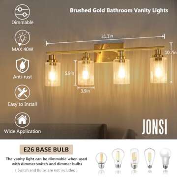Jonsi Brushed Gold Bathroom Light Fixtures, 4-Light Brushed Gold Vanity Light, Bathroom Vanity Light with Stripe Glass Shade, E26 Wall Sconces Over Mirror for Bathroom, Living Room, Hallway