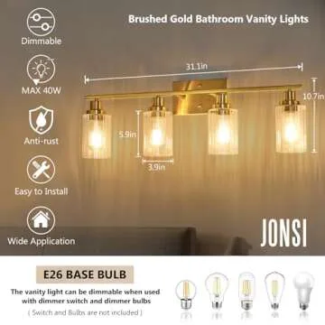 Jonsi Brushed Gold Bathroom Light Fixtures, 4-Light Brushed Gold Vanity Light, Bathroom Vanity Light with Stripe Glass Shade, E26 Wall Sconces Over Mirror for Bathroom, Living Room, Hallway