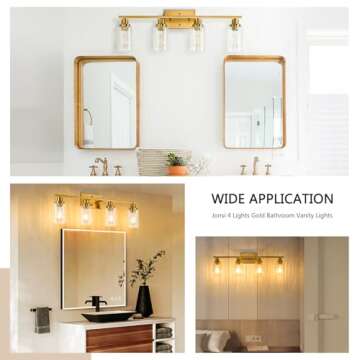 Jonsi Brushed Gold Bathroom Light Fixtures, 4-Light Brushed Gold Vanity Light, Bathroom Vanity Light with Stripe Glass Shade, E26 Wall Sconces Over Mirror for Bathroom, Living Room, Hallway