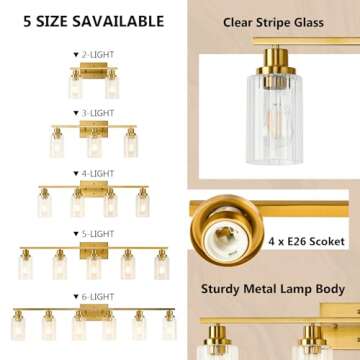 Jonsi Brushed Gold Bathroom Light Fixtures, 4-Light Brushed Gold Vanity Light, Bathroom Vanity Light with Stripe Glass Shade, E26 Wall Sconces Over Mirror for Bathroom, Living Room, Hallway