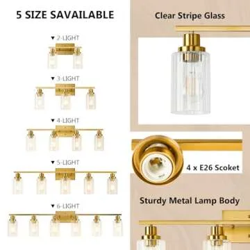 Jonsi Brushed Gold Bathroom Light Fixtures, 4-Light Brushed Gold Vanity Light, Bathroom Vanity Light with Stripe Glass Shade, E26 Wall Sconces Over Mirror for Bathroom, Living Room, Hallway