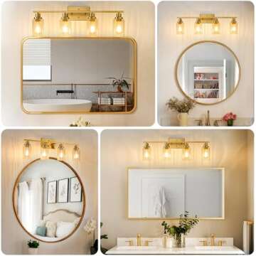 Jonsi Brushed Gold Bathroom Light Fixtures, 4-Light Brushed Gold Vanity Light, Bathroom Vanity Light with Stripe Glass Shade, E26 Wall Sconces Over Mirror for Bathroom, Living Room, Hallway
