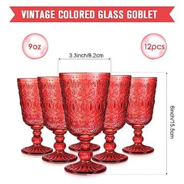 Wine Glasses Set of 12 Vintage Goblet 9 oz Vintage Colored Glass Goblet Beverage Stemmed Glass Cups Romantic Embossed Glassware for Wedding Party Holidays Anniversary (Red)