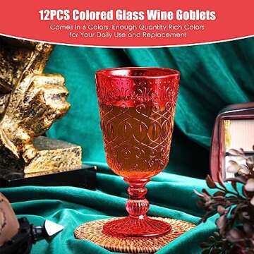 Wine Glasses Set of 12 Vintage Goblet 9 oz Vintage Colored Glass Goblet Beverage Stemmed Glass Cups Romantic Embossed Glassware for Wedding Party Holidays Anniversary (Red)