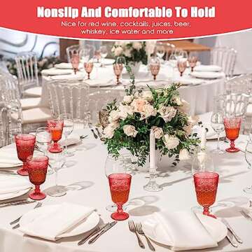 Wine Glasses Set of 12 Vintage Goblet 9 oz Vintage Colored Glass Goblet Beverage Stemmed Glass Cups Romantic Embossed Glassware for Wedding Party Holidays Anniversary (Red)