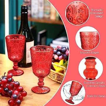 Wine Glasses Set of 12 Vintage Goblet 9 oz Vintage Colored Glass Goblet Beverage Stemmed Glass Cups Romantic Embossed Glassware for Wedding Party Holidays Anniversary (Red)