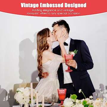 Wine Glasses Set of 12 Vintage Goblet 9 oz Vintage Colored Glass Goblet Beverage Stemmed Glass Cups Romantic Embossed Glassware for Wedding Party Holidays Anniversary (Red)