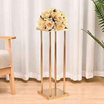 VINCIGANT Gold Flower Stand for Wedding,23.6 Inch Tall Metal Floor Pedestal Stand Centerpieces Geometric Vases with Plates for Party Events Reception(Pack of 2
