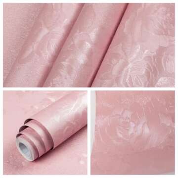 Anmon Pink Contact Paper Embossed Wallpaper Peel and Stick, Modern Self Adhesive Pink Wallpaper 17.7''x118'', Removable Renter Friendly Textured Wall Paper for Wall,Cabinets, Drawers Home Deco