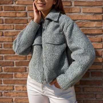 Xunger Women’s Lapel Collar Oversized Wool Blend Jackets Zip Up Casual Short Varsity Pea Coat with Pockets(0975-DarkGrey-M-RD)