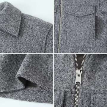 Xunger Women’s Lapel Collar Oversized Wool Blend Jackets Zip Up Casual Short Varsity Pea Coat with Pockets(0975-DarkGrey-M-RD)