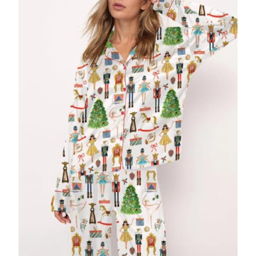 Juakoso Women Christmas Pajamas Sets Cute Print Silk Satin Lounge Sets Y2k Long Sleeve Shirt Pants Pjs Sets Sleepwear A-white