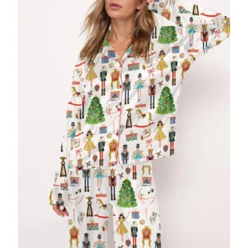 Juakoso Women Christmas Pajamas Sets Cute Print Silk Satin Lounge Sets Y2k Long Sleeve Shirt Pants Pjs Sets Sleepwear A-white