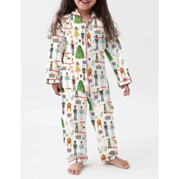 Juakoso Women Christmas Pajamas Sets Cute Print Silk Satin Lounge Sets Y2k Long Sleeve Shirt Pants Pjs Sets Sleepwear A-white