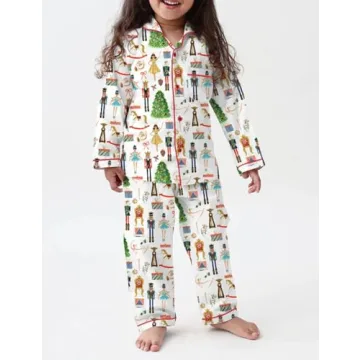 Juakoso Women Christmas Pajamas Sets Cute Print Silk Satin Lounge Sets Y2k Long Sleeve Shirt Pants Pjs Sets Sleepwear A-white