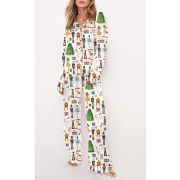 Juakoso Women Christmas Pajamas Sets Cute Print Silk Satin Lounge Sets Y2k Long Sleeve Shirt Pants Pjs Sets Sleepwear A-white