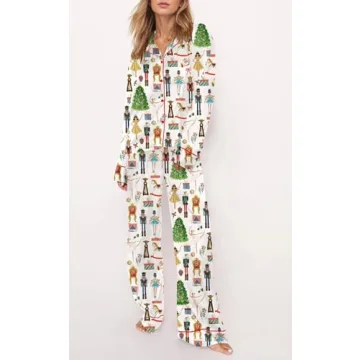 Juakoso Women Christmas Pajamas Sets Cute Print Silk Satin Lounge Sets Y2k Long Sleeve Shirt Pants Pjs Sets Sleepwear A-white
