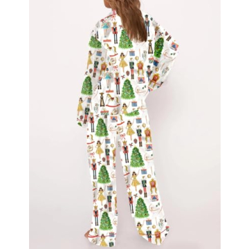 Juakoso Women Christmas Pajamas Sets Cute Print Silk Satin Lounge Sets Y2k Long Sleeve Shirt Pants Pjs Sets Sleepwear A-white