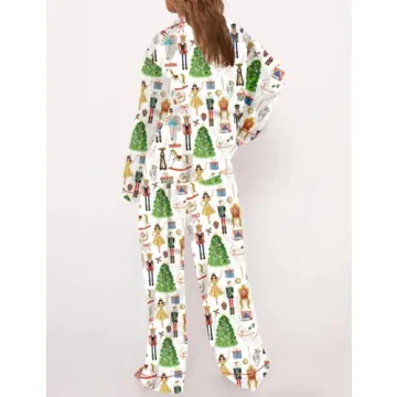 Juakoso Women Christmas Pajamas Sets Cute Print Silk Satin Lounge Sets Y2k Long Sleeve Shirt Pants Pjs Sets Sleepwear A-white