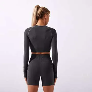 Yoga Outfits for Women 2 Piece Workout Sets Seamless Athletic Long Sleeves Crop Tops Shirt Thumb Hole and High Waist Tummy Control Leggings Biker Shorts Sets Gym Clothes Z-Dark Gray(Long Sleeve) Small