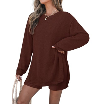 ZESICA Women's Cozy Two Piece Sweater Lounge Set - Fall 2024 Trendy Knit Tunic & Shorts Set