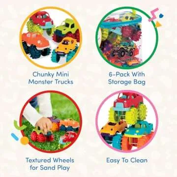 Battat Colorful Mini Monster Trucks 6-Pack for Toddlers