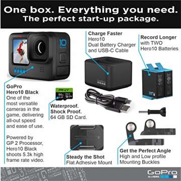 GoPro HERO10 Black Bundle + Dual Battery Charger + 1 Extra Battery + 64GB SD Card - E-Commerce Packaging - Waterproof Action Camera with Front LCD & Touch Rear Screens, 5.3K60 Ultra HD Video